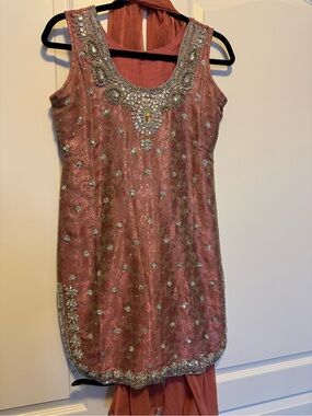 Embellished Dusty Rose Sleeveless Evening Dress 3 piece set